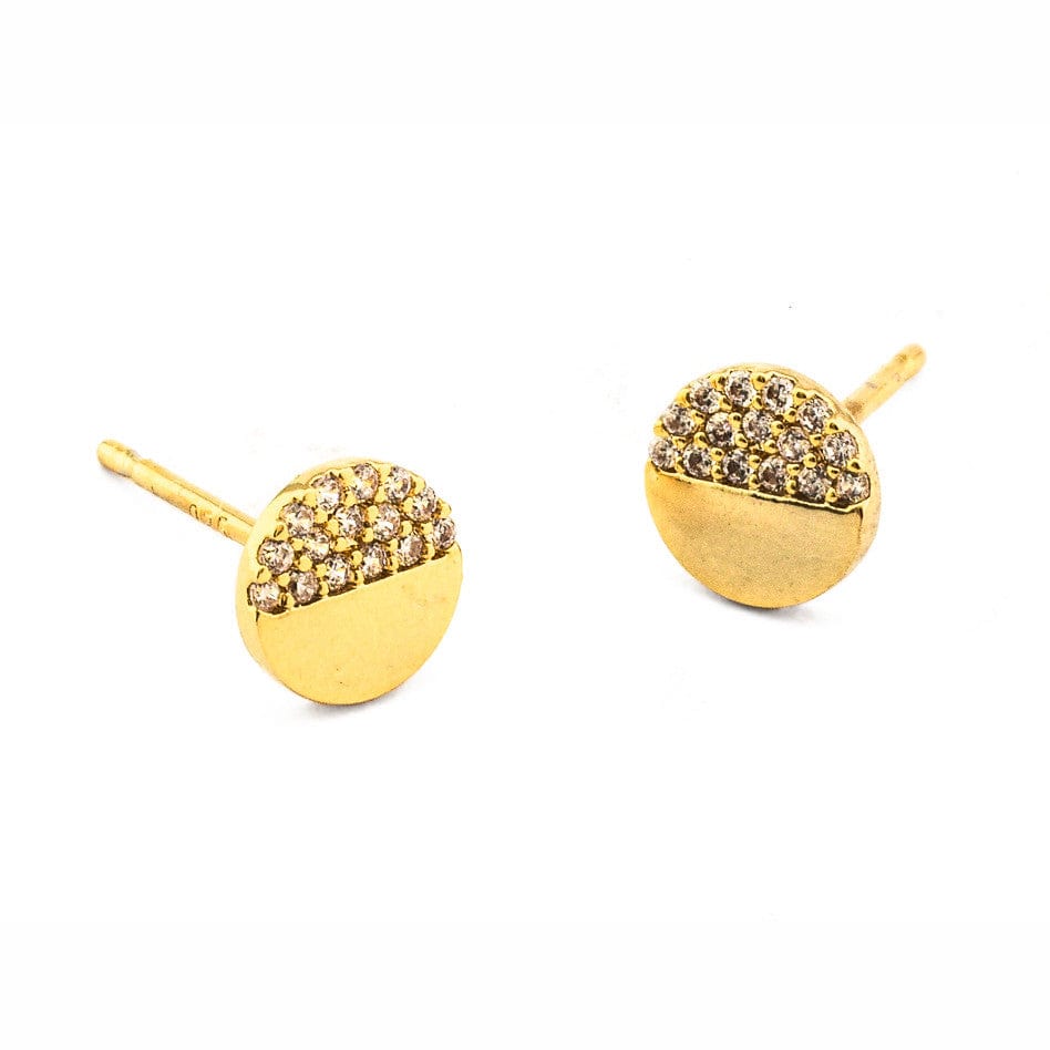 Gold-tone round half-dome stud earrings with pave stones, straight post backs