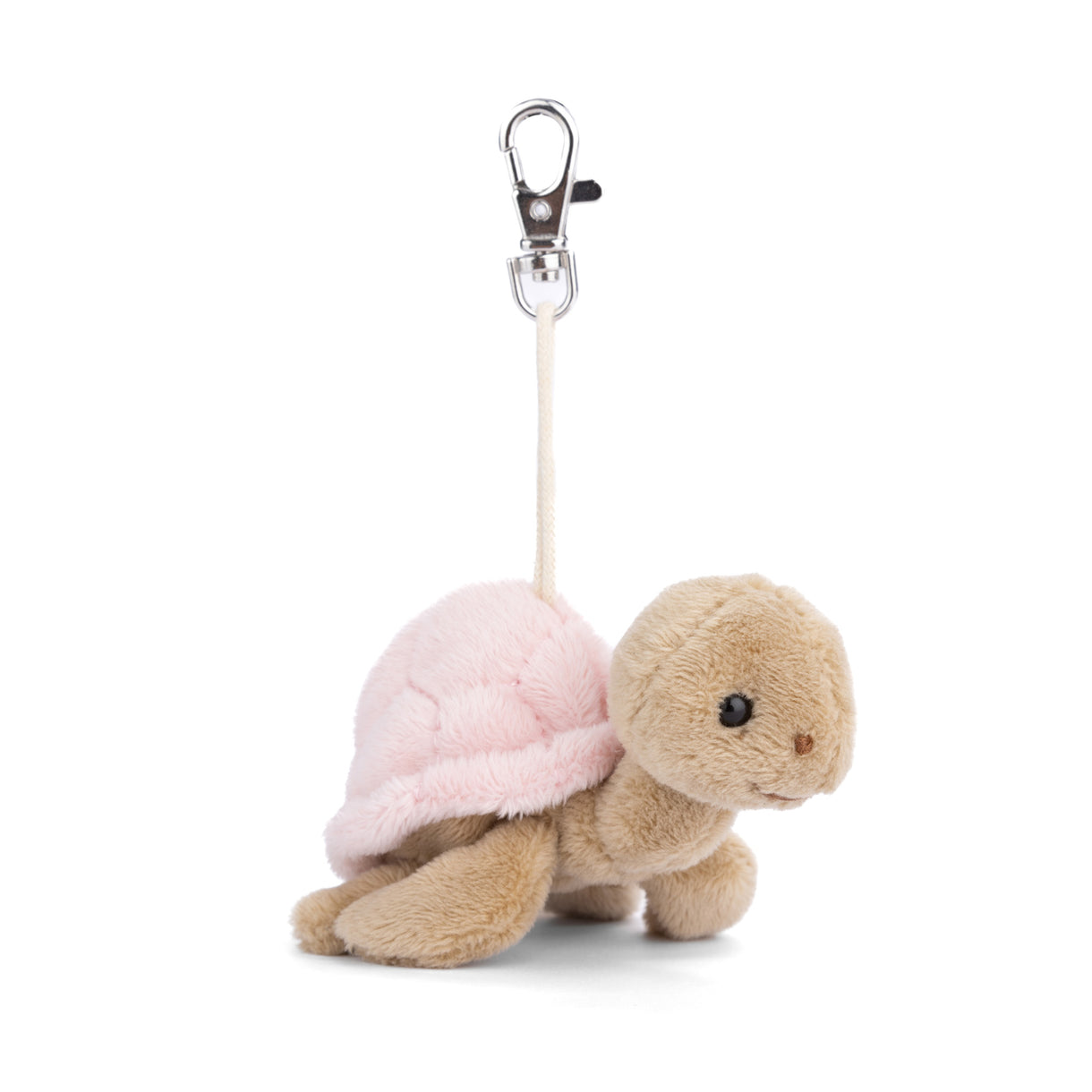 Plush turtle bag charm with tan and pink, spring clip and hanging strap