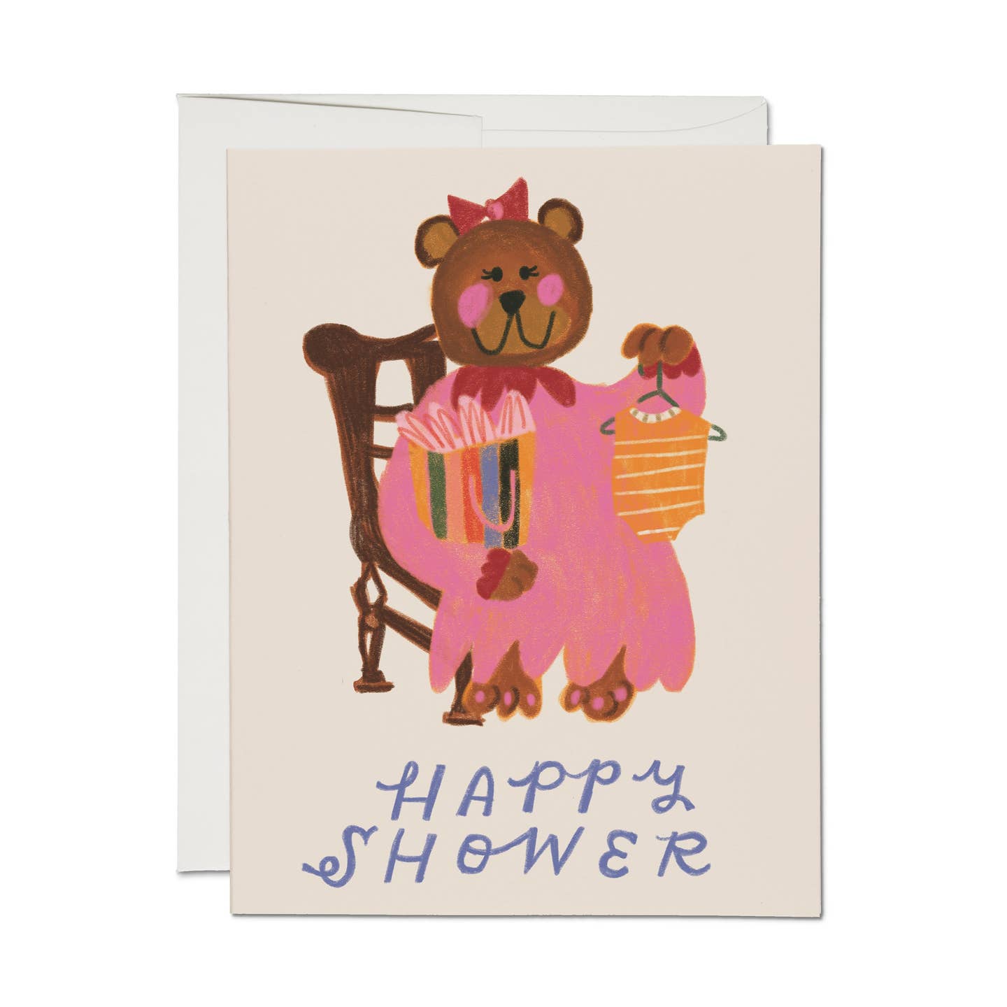 Shower greeting card with cartoon bear holding a shower hose and “Happy Shower” text