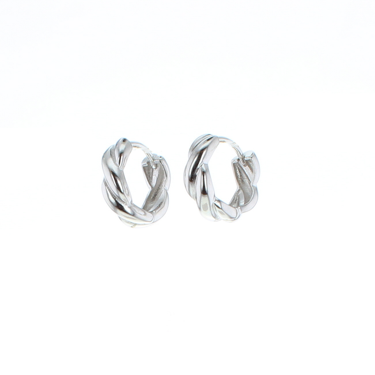Silver twisted hoop earrings with hinged clasp, round profile