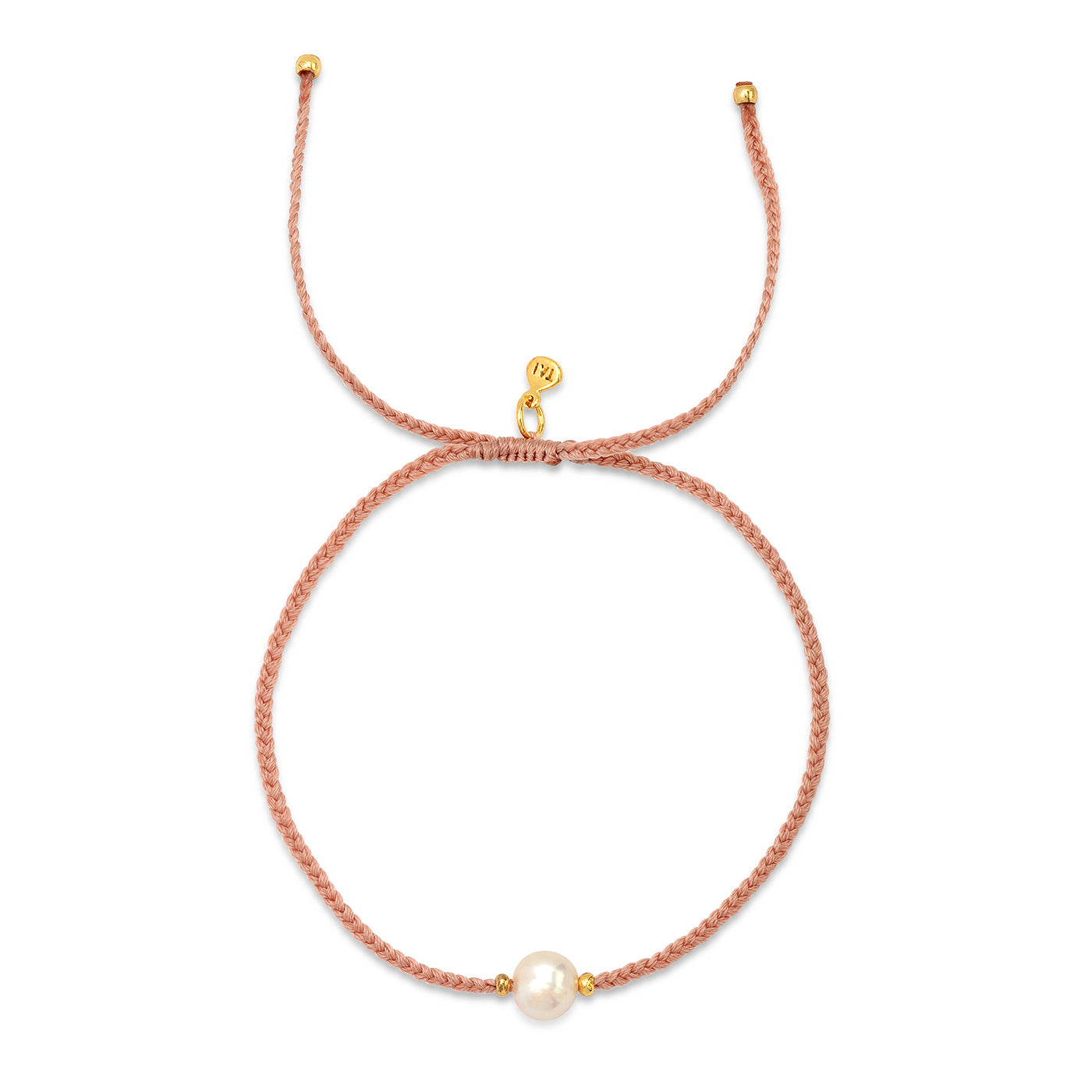 Pink beaded bracelet with gold charm and single white pearl accent
