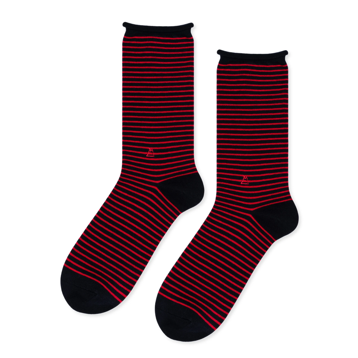 Men's crew socks in navy with red horizontal stripes and small anchor logo