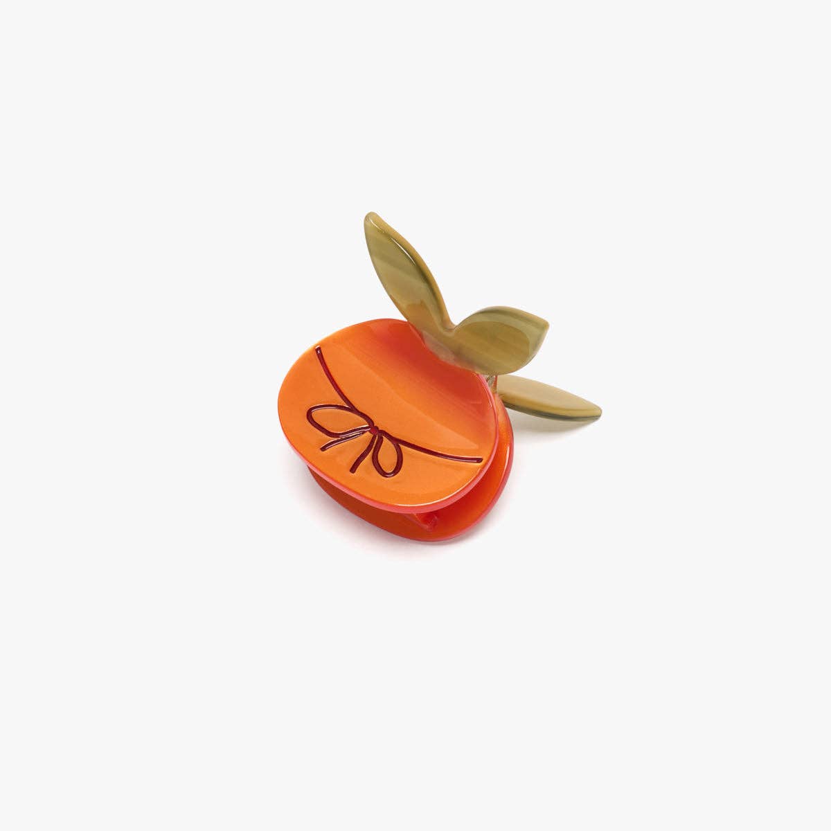 Orange mini hair claw with bow detail and olive leaf accents on top
