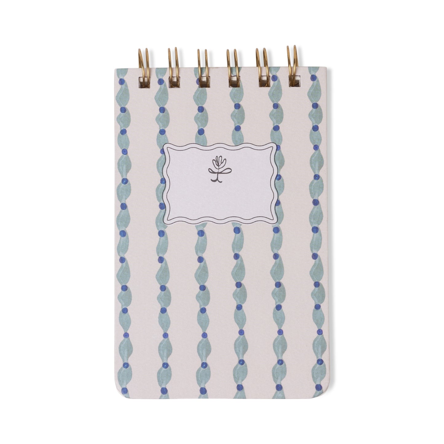 Twin wire notepad with wavy blue pattern and gold binder clips