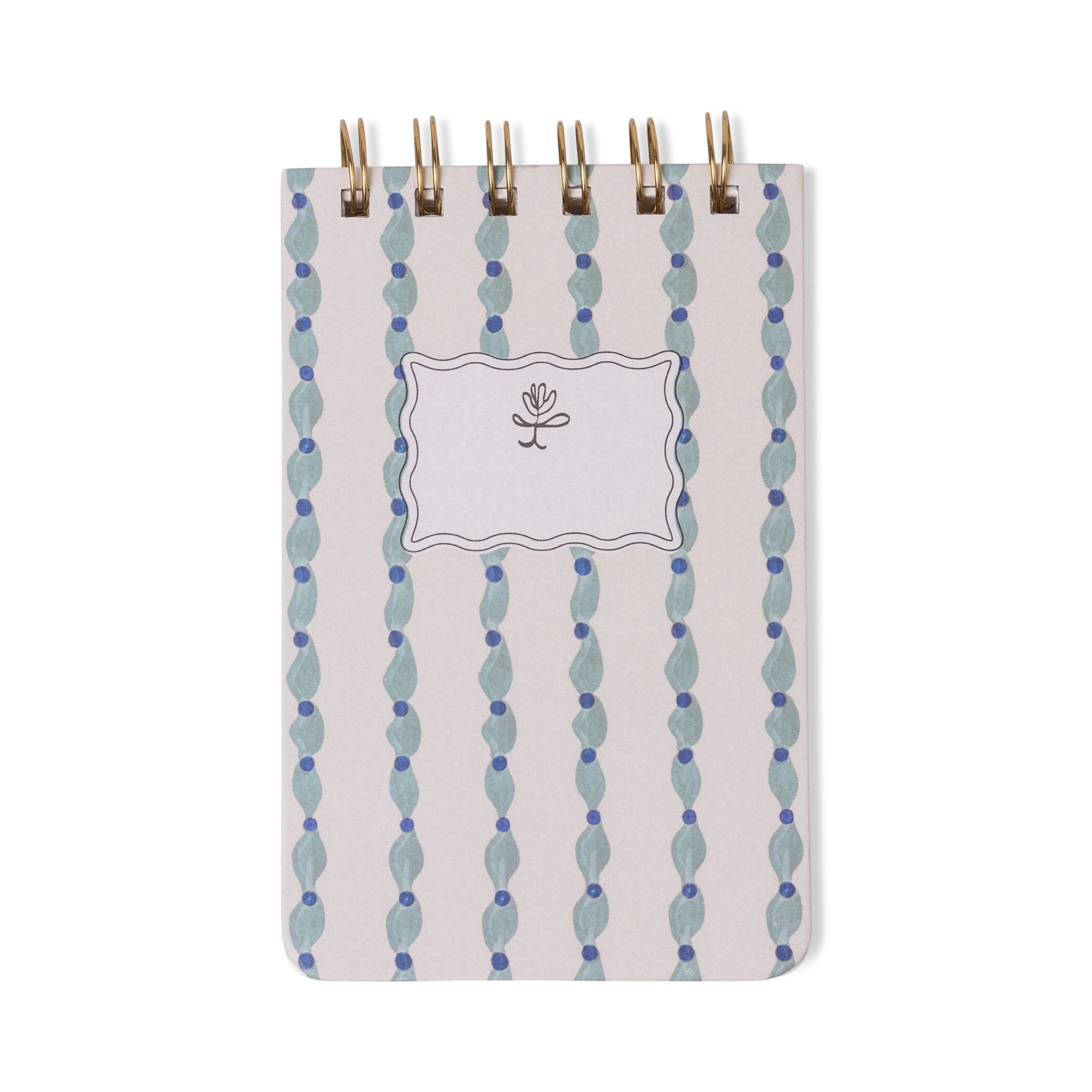 Twin wire notepad with wavy blue pattern and gold binder clips