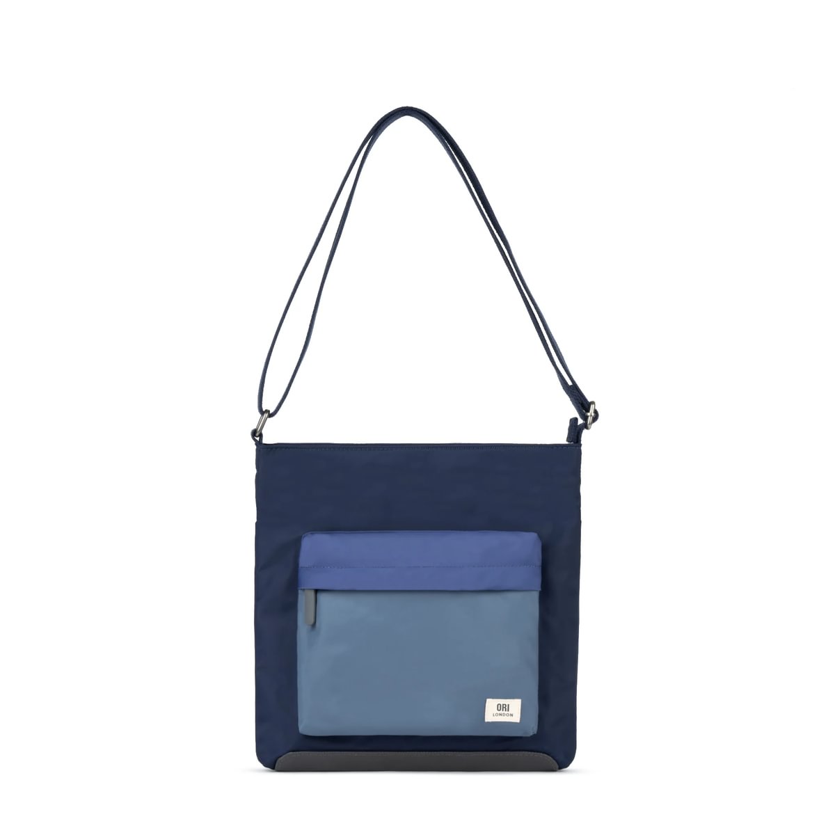 Navy sustainable nylon crossbody bag with adjustable straps and front patch pocket