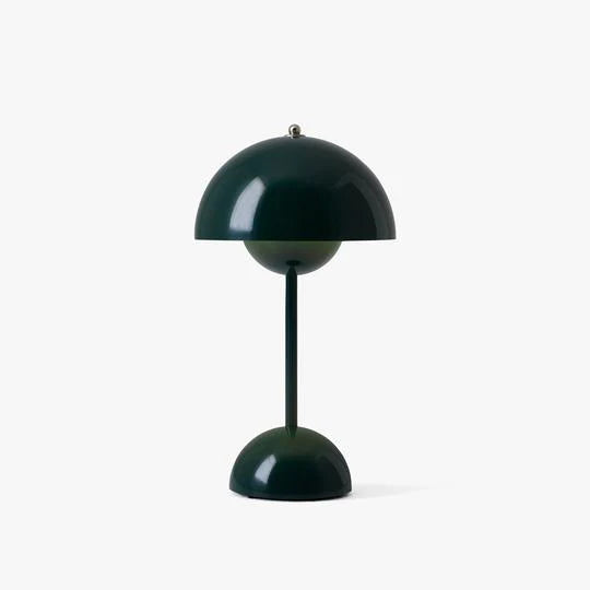 Dark green portable table lamp with glossy dome shade and round base