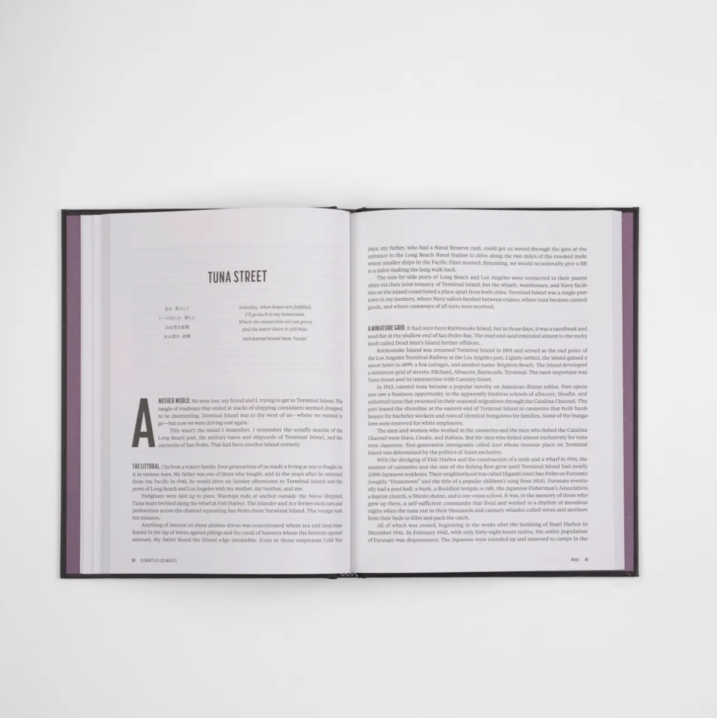 Open book spread with section headings and paragraphs, including 'TUNA STREET'
