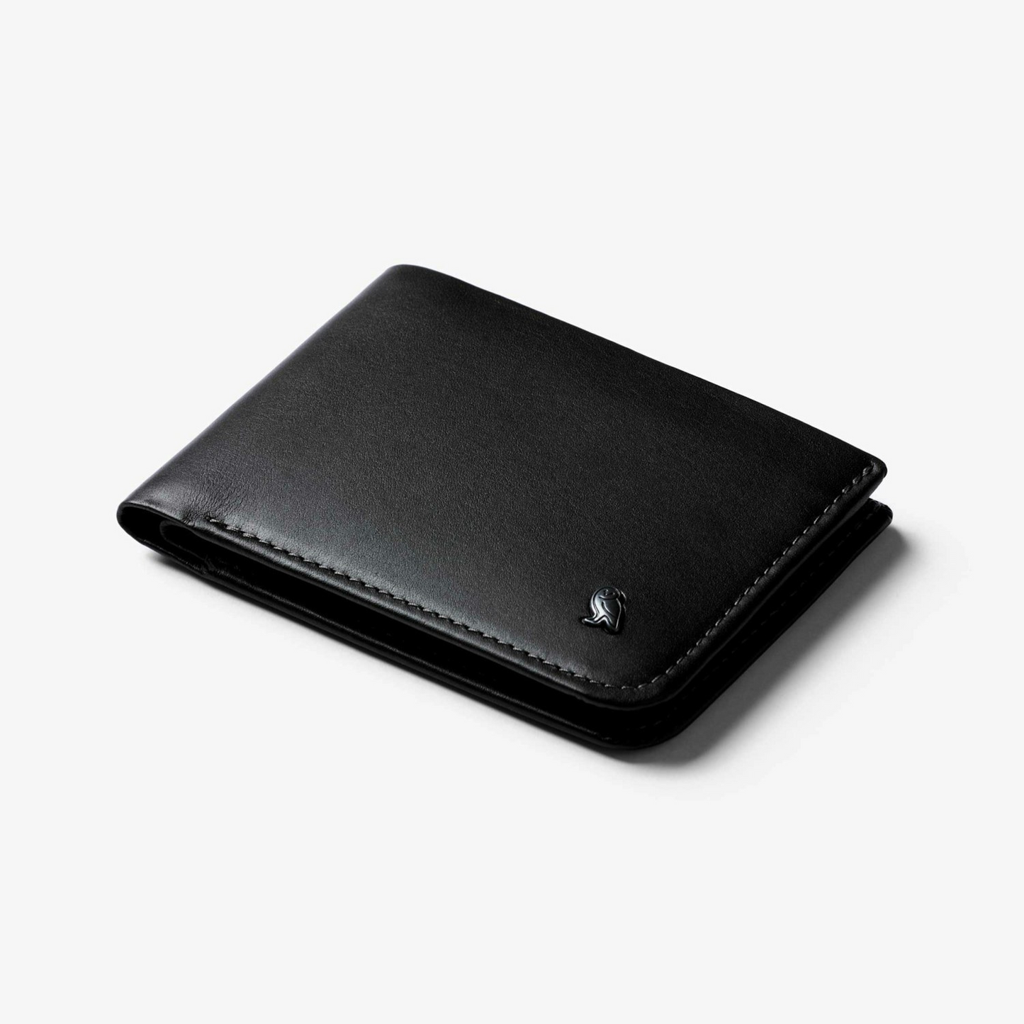 Black leather wallet with stitched edge, folded design, and small metal logo on front