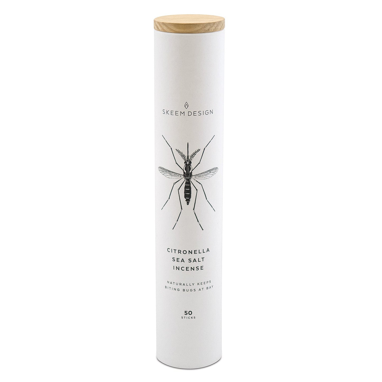 Citronella sea salt incense tube with wood lid and printed insect graphic