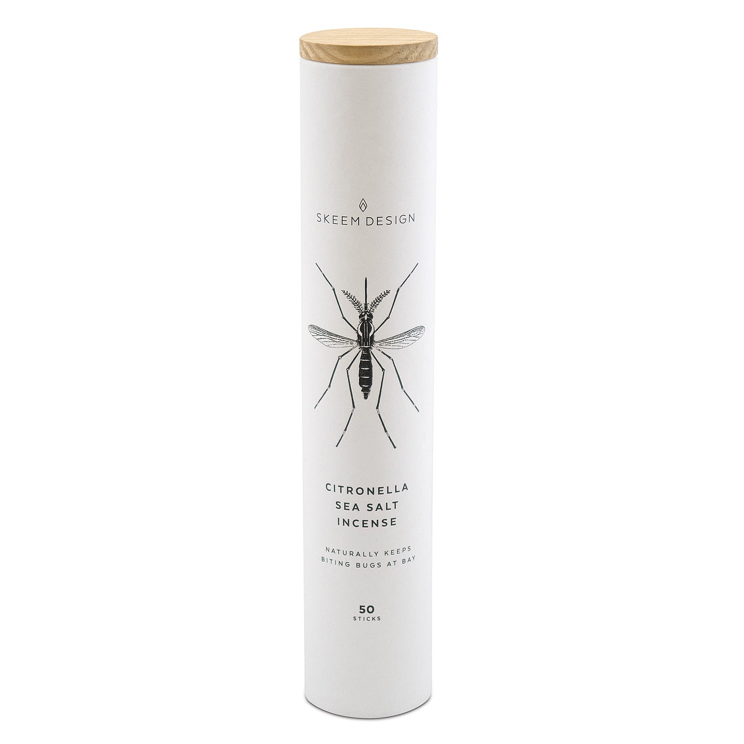 Citronella sea salt incense tube with wood lid and printed insect graphic