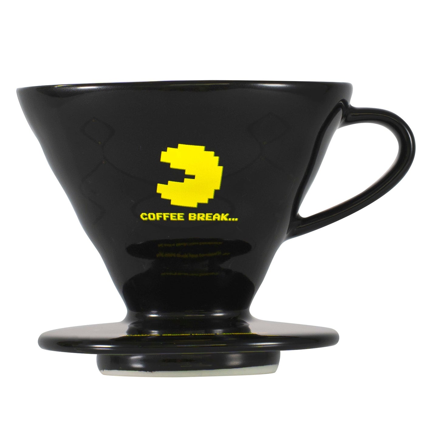 Black ceramic dripper with yellow PAC-MAN icon and 'COFFEE BREAK...' logo