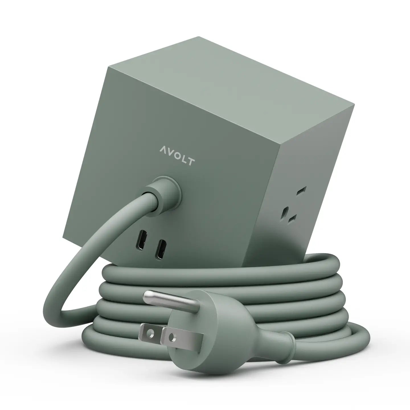 Square 1 extension cord set in sage green with 3-prong outlets and coiled cable