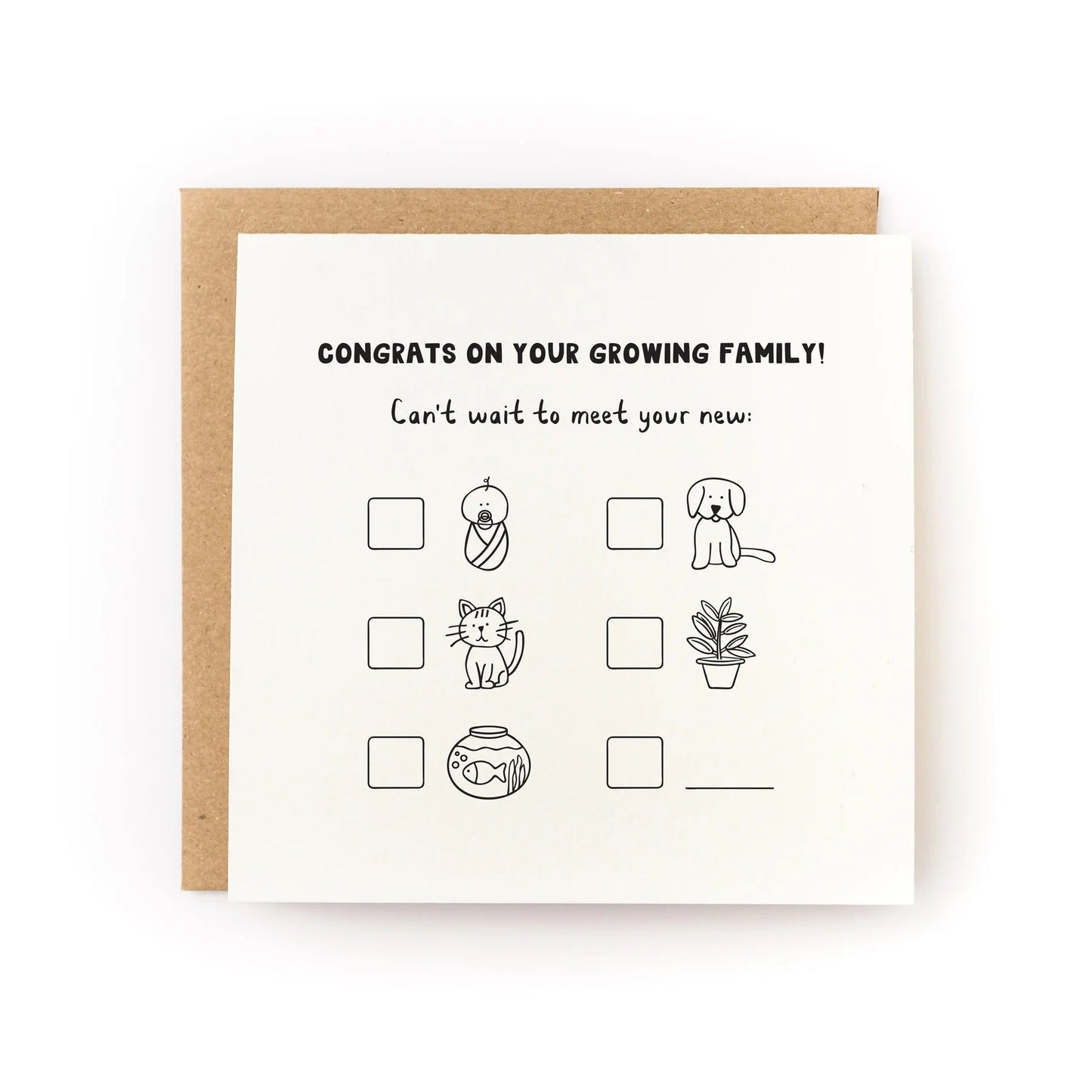 Letterpress greeting card with black text and family icons, includes kraft envelope