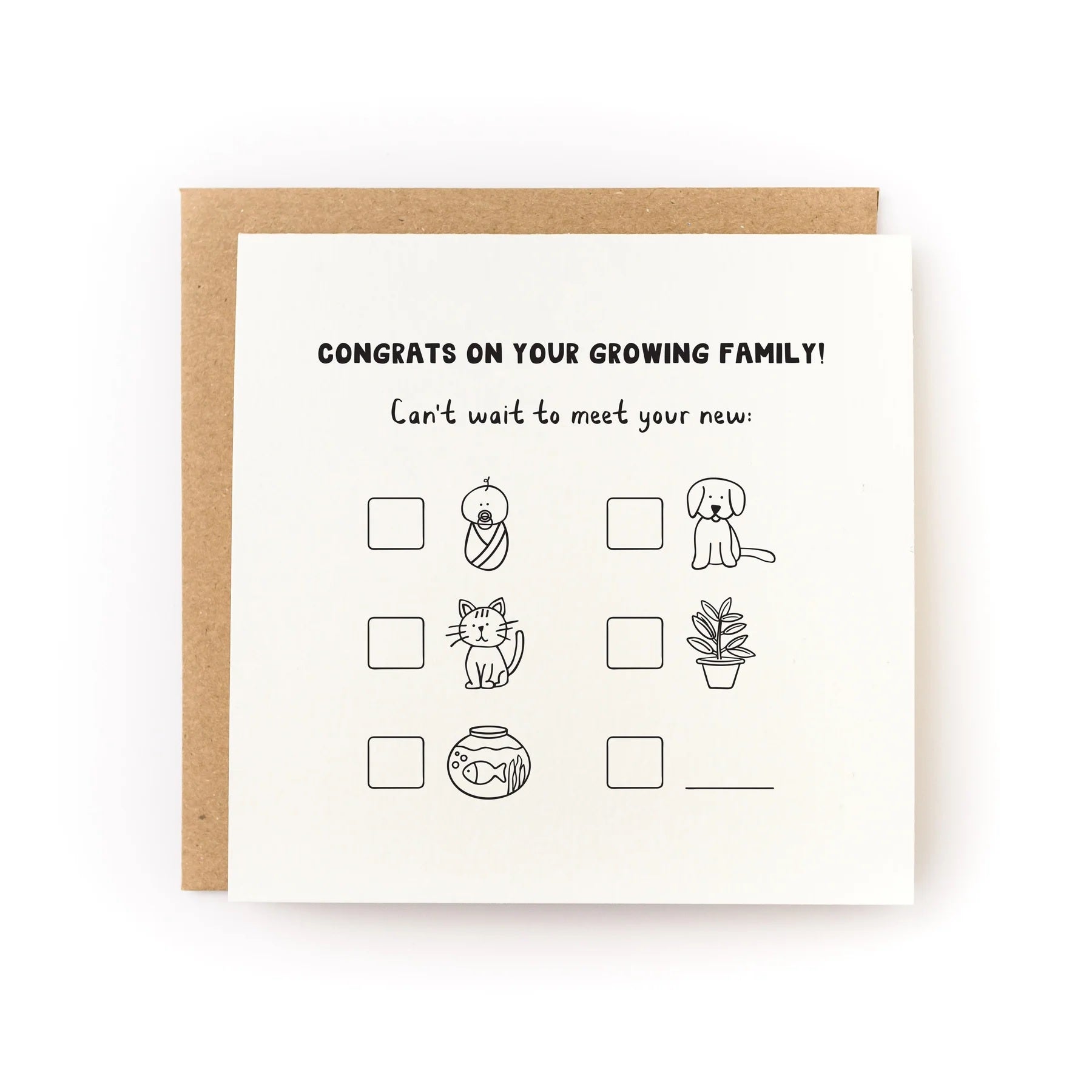 Letterpress greeting card with black text and family icons, includes kraft envelope