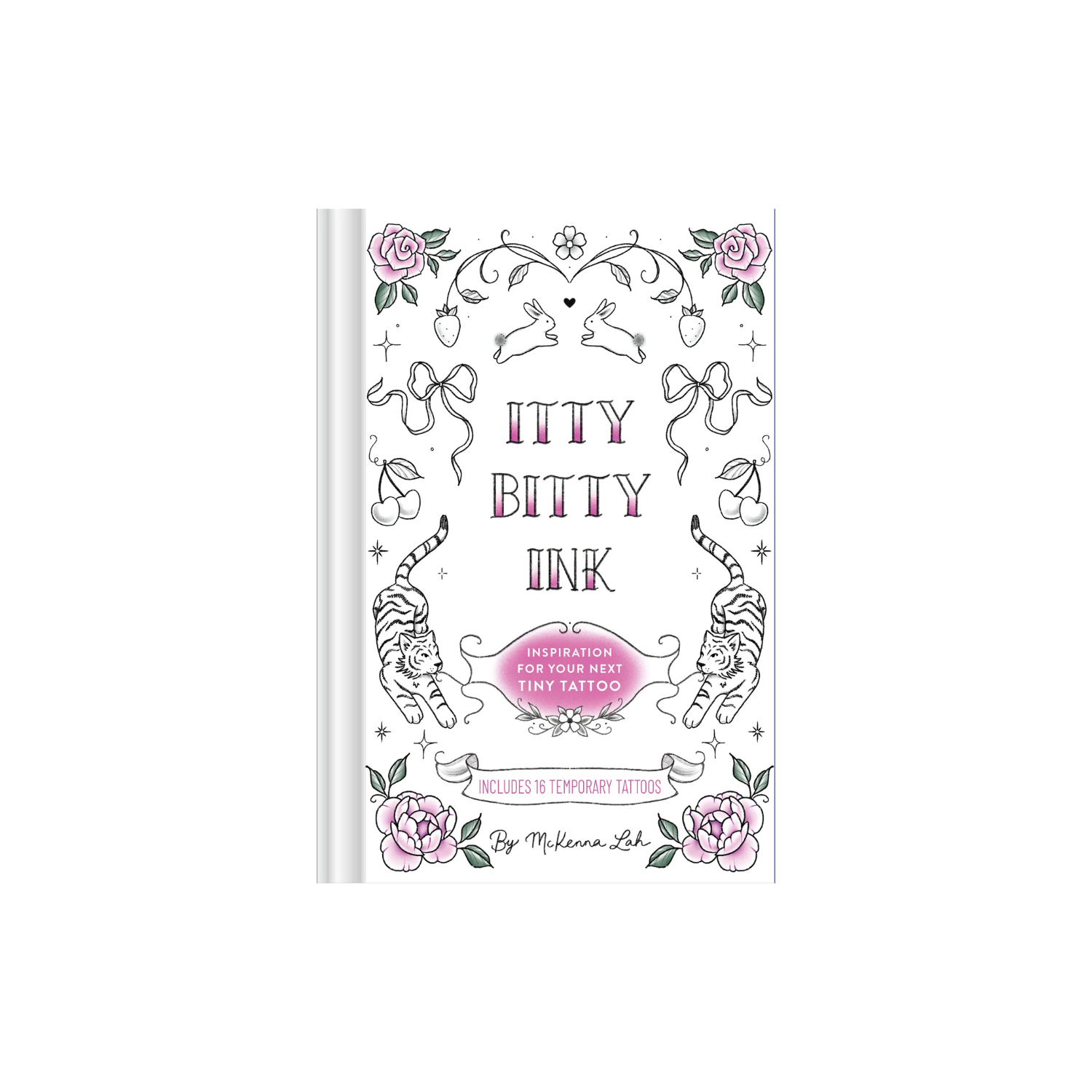 Tattoo design booklet cover with floral doodles and pink lettering, heart and cat motifs