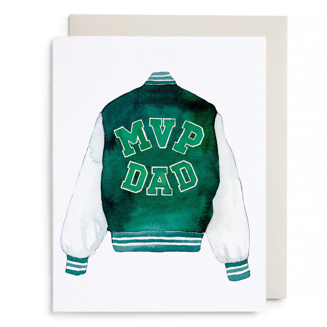 Father's Day greeting card with green varsity jacket graphic, 'MVP DAD' on back.