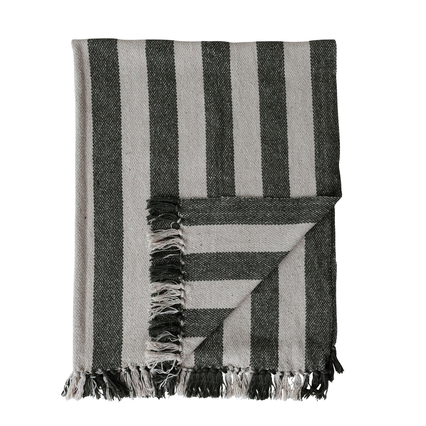 Recycled Cotton Blend Knit throw with Fringe -Natural/Green