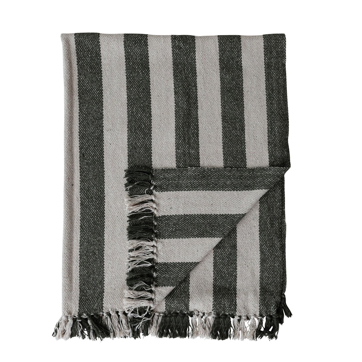 Recycled Cotton Blend Knit throw with Fringe -Natural/Green