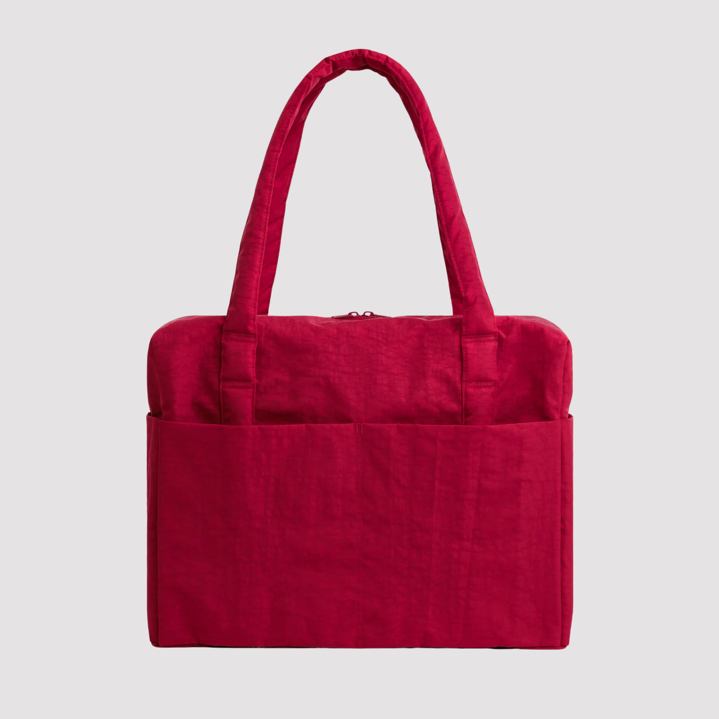 Red carry-on tote bag with two top handles and structured front pocket