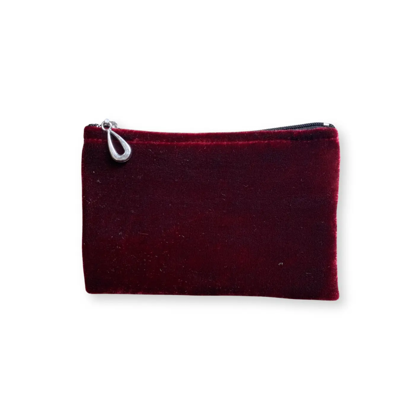 Small silk velvet pouch in dark wine, rectangular with zipper and silver ring pull.
