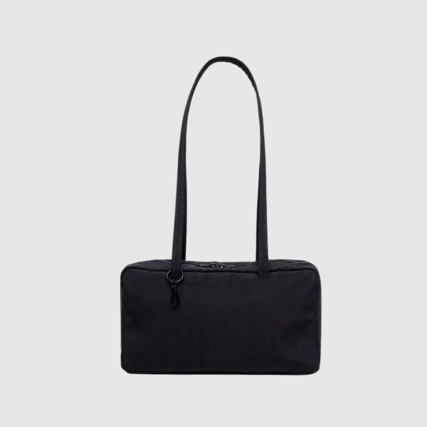 Nylon bowler bag in solid black with two top handles and zipper closure.