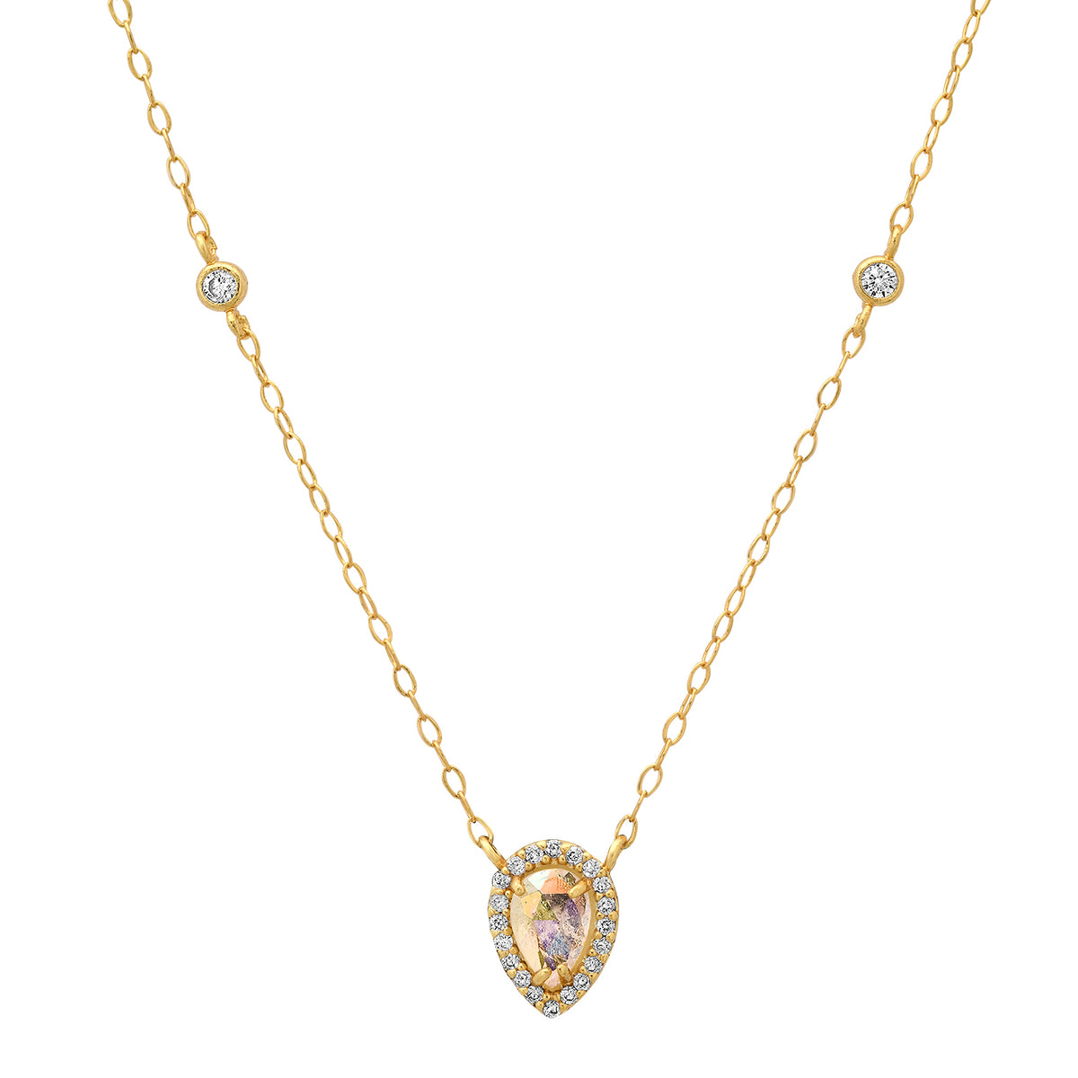 Gold-tone CZ teardrop pendant necklace with halo stones