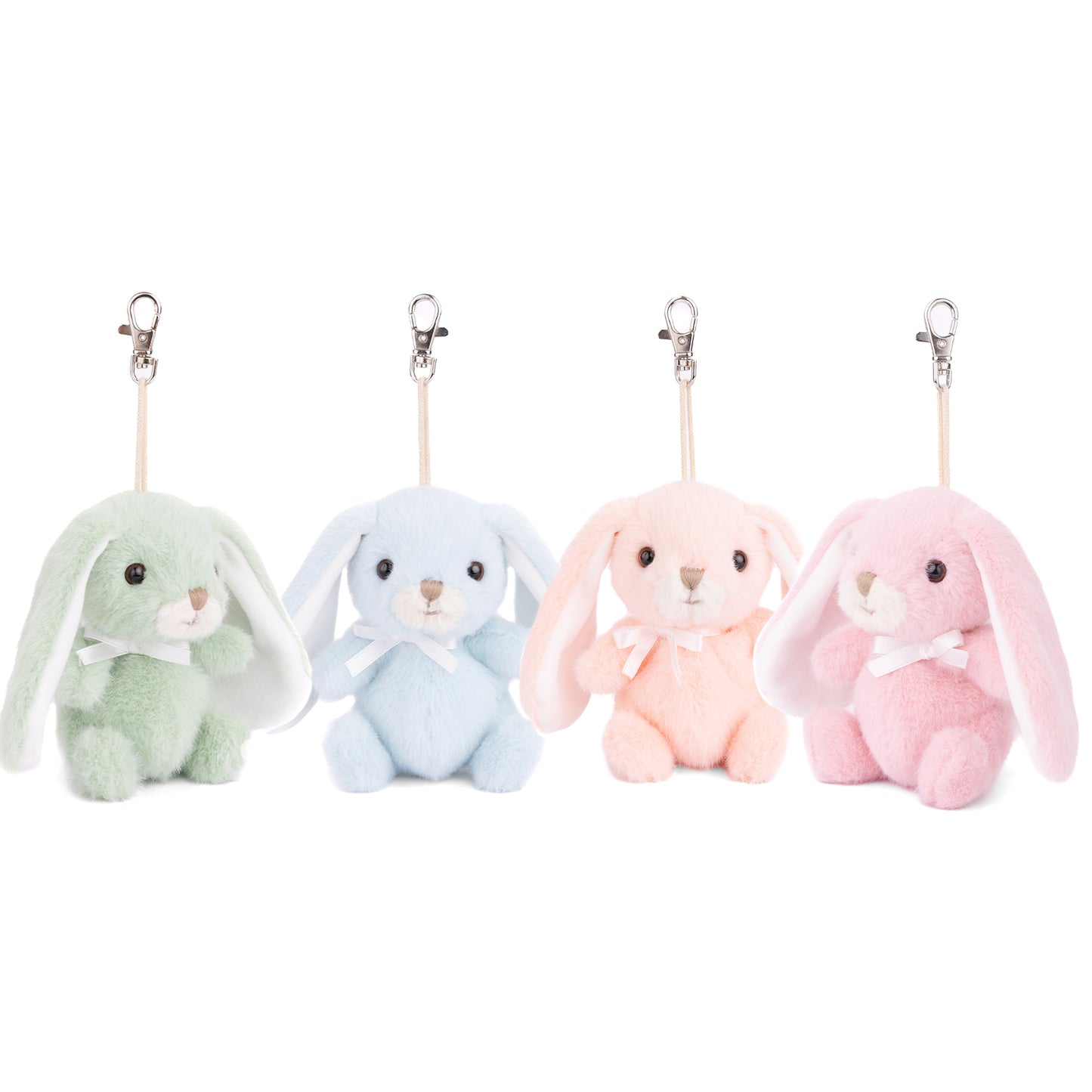Set of plush bunny bag charms with metal clips in green, blue, and pink.