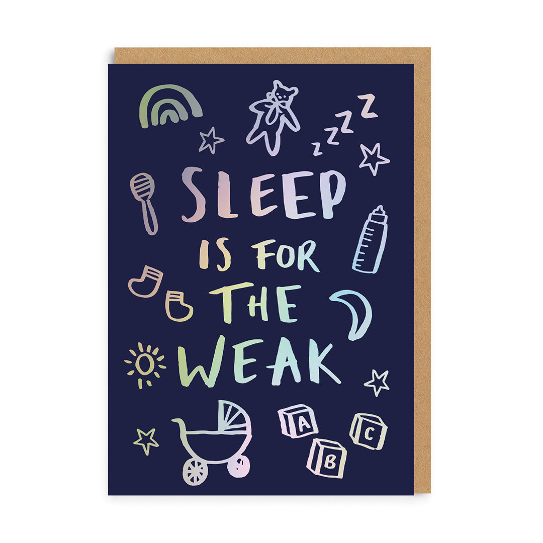 Newborn greeting card with sleep-themed lettering and baby carriage icons on dark blue