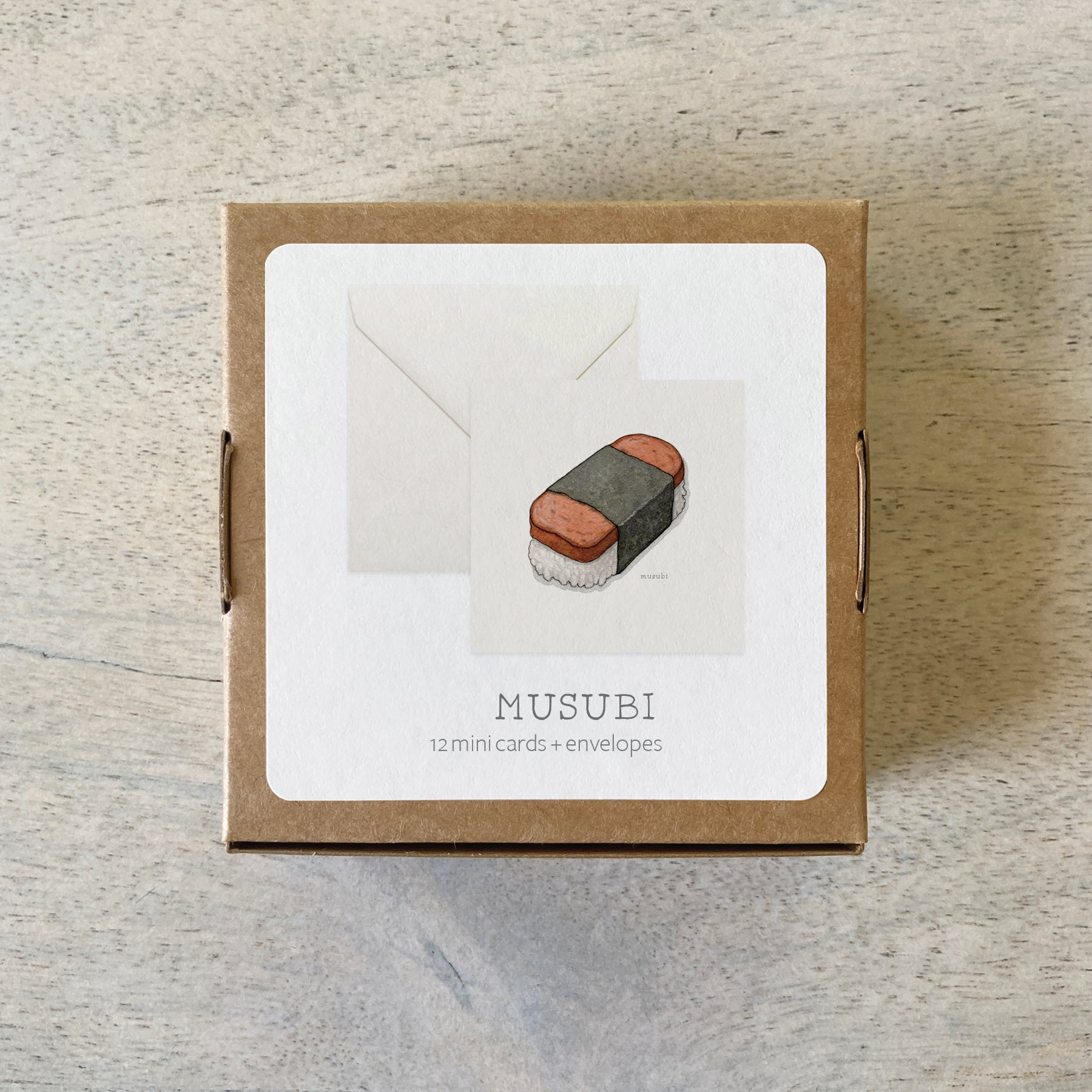 Mini card set with envelope in box, featuring a sushi musubi illustration