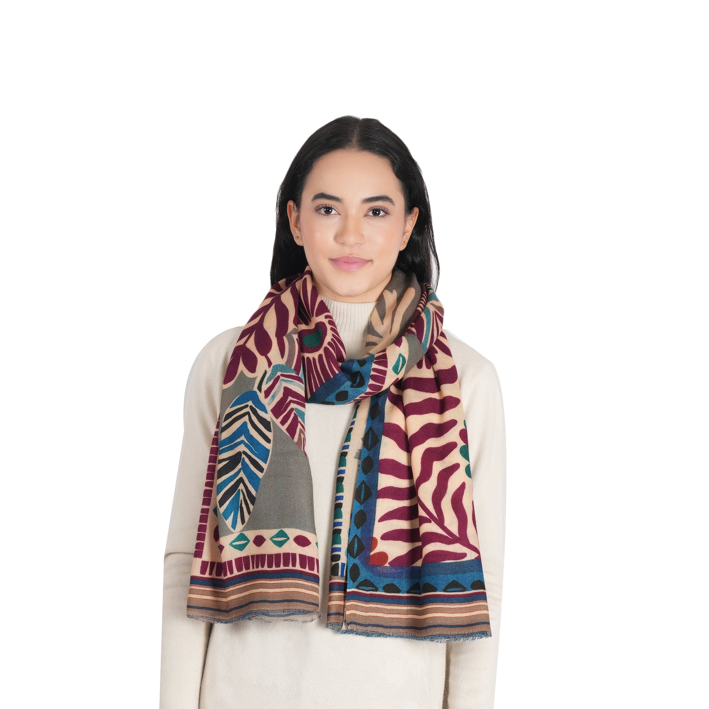 Wool kantha scarf worn by model, multicolor floral pattern with fringed ends