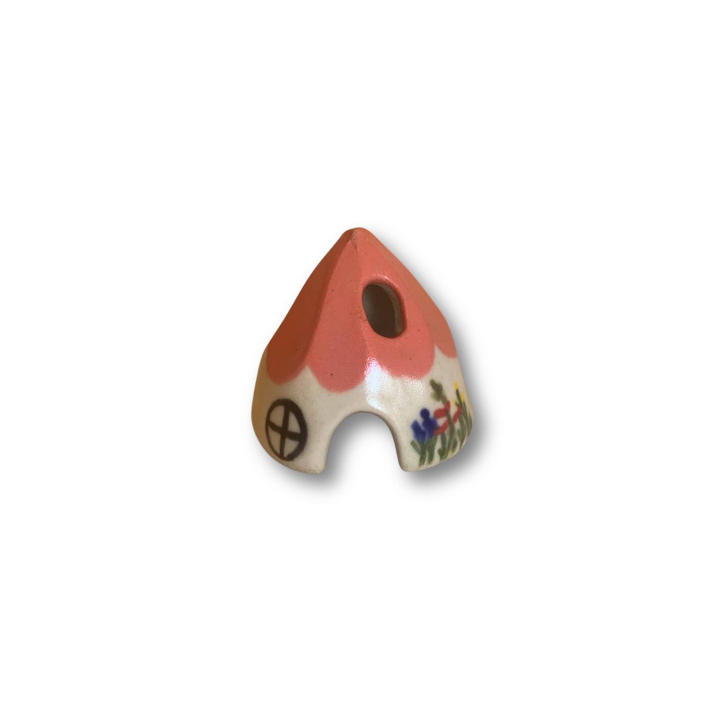 Red ceramic mouse incense cone burner with peace symbol and flower decals