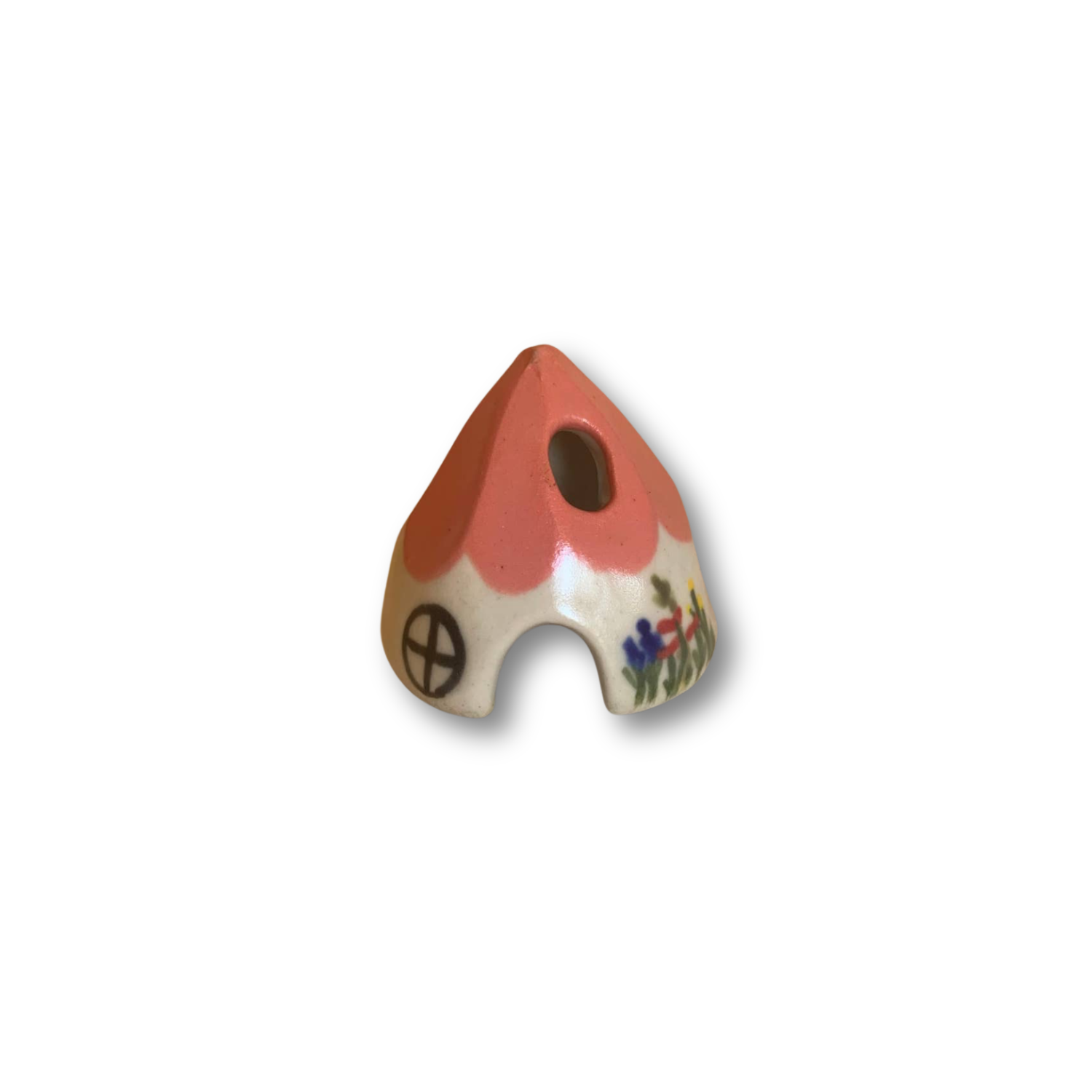 Red ceramic mouse incense cone burner with peace symbol and flower decals