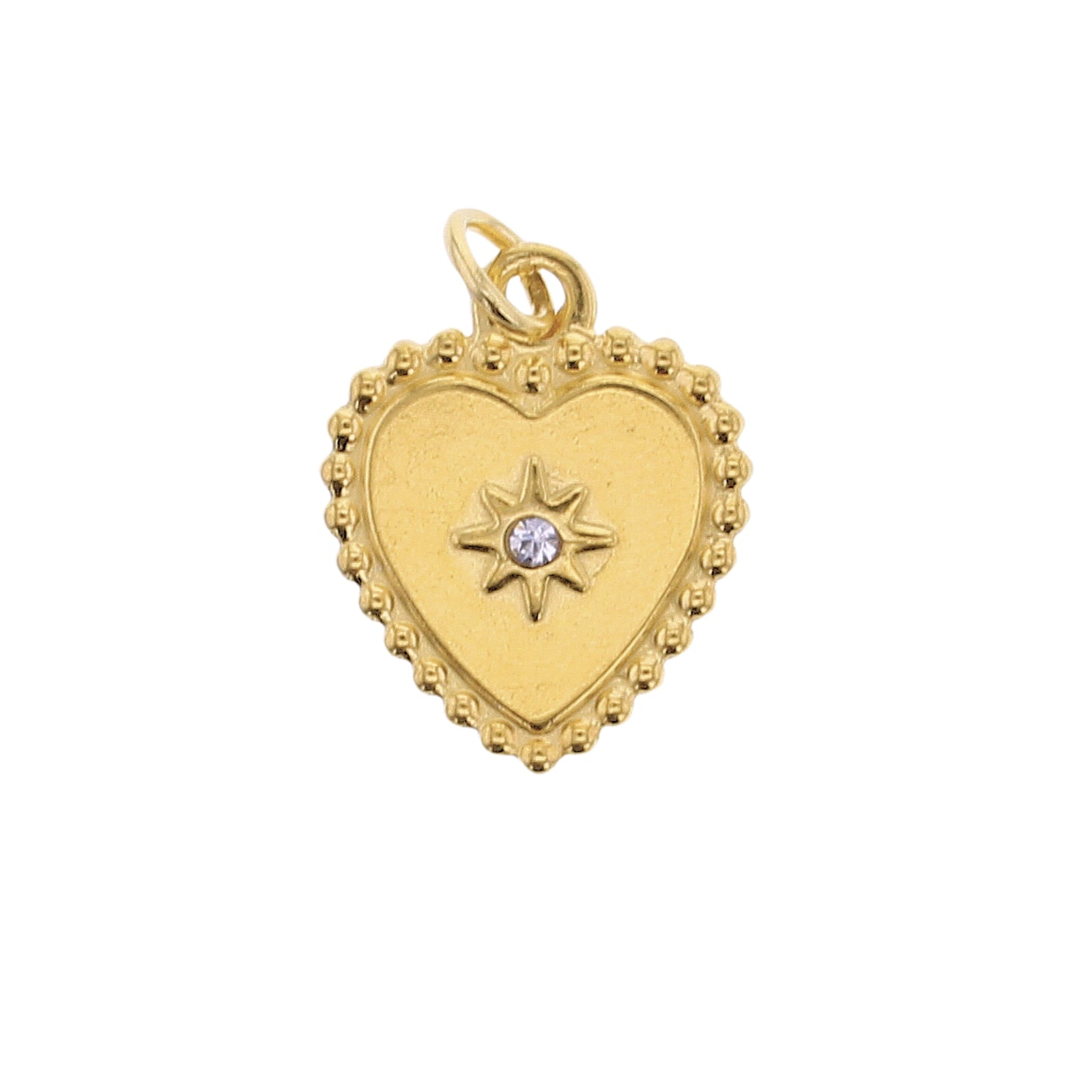 Gold-tone heart charm with milgrain border, CZ star center, and loop bail