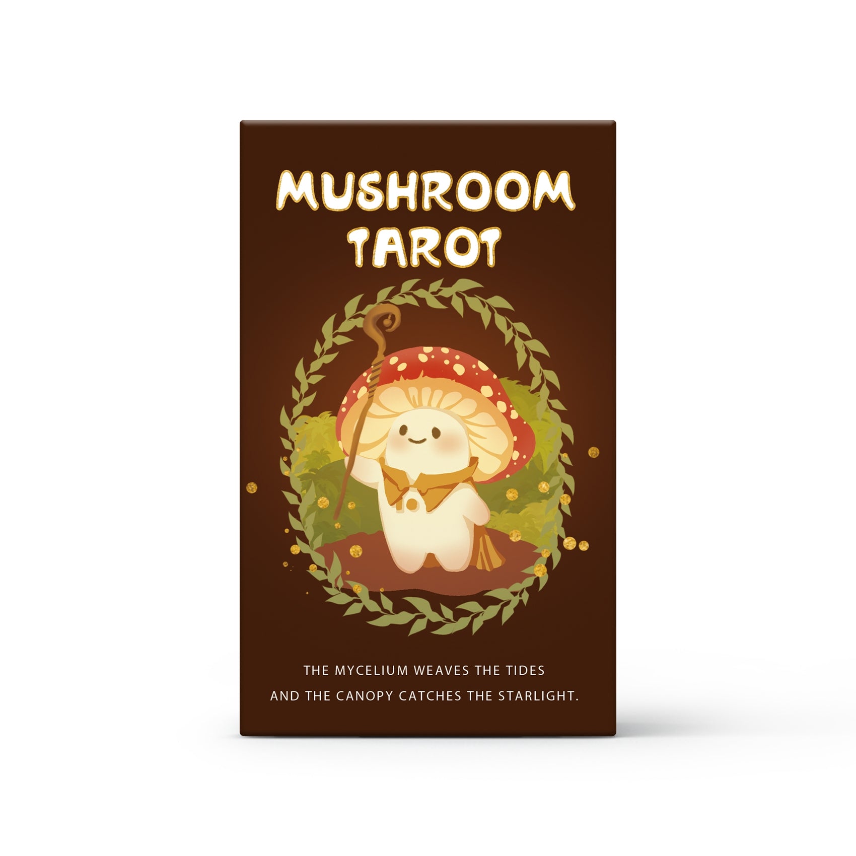 Mushroom tarot card deck box with illustrated mushroom character and gold title text