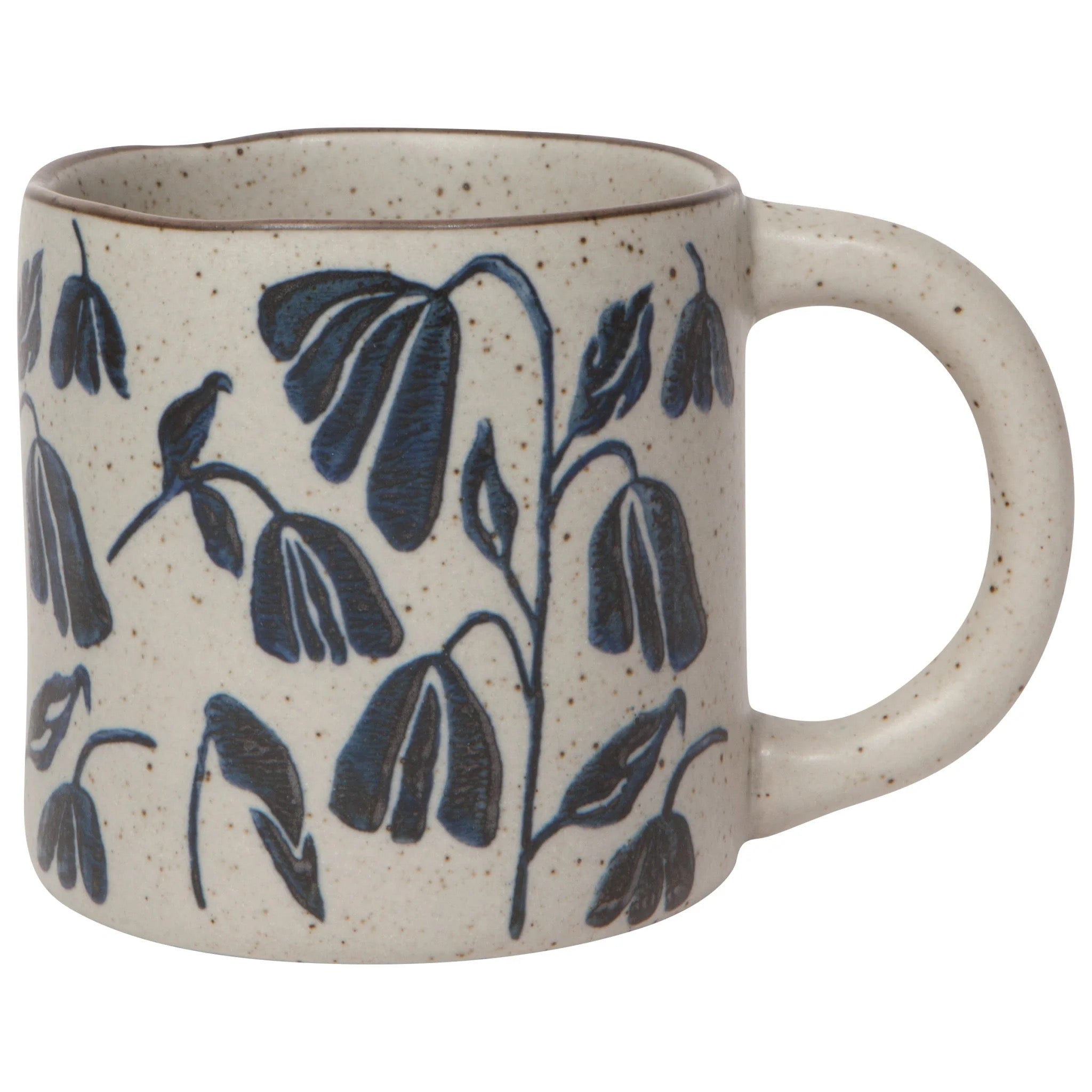 Ceramic coffee mug with blue floral leaf pattern and speckled off-white finish