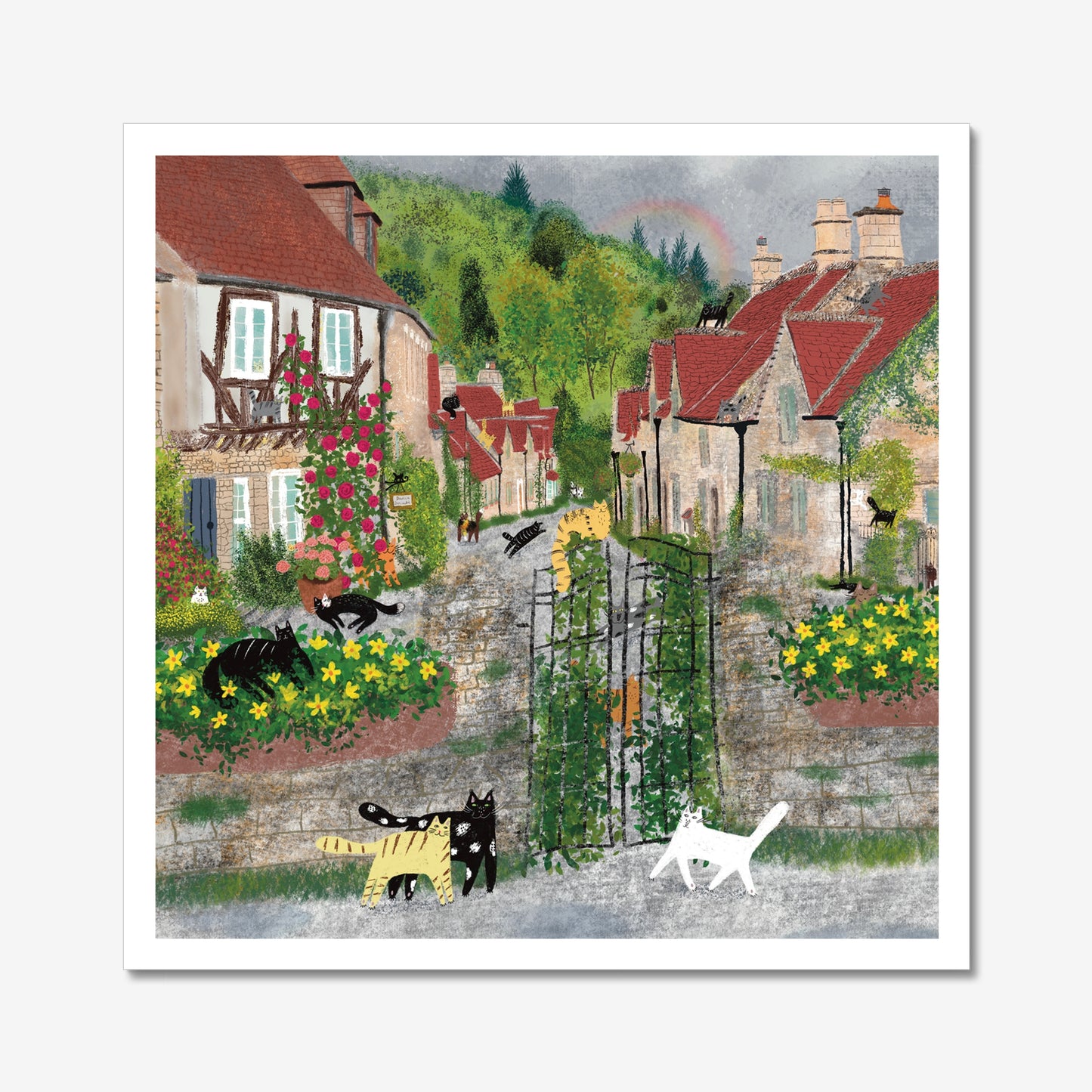 Unframed art print of black and white cats in bright flower-filled village scene