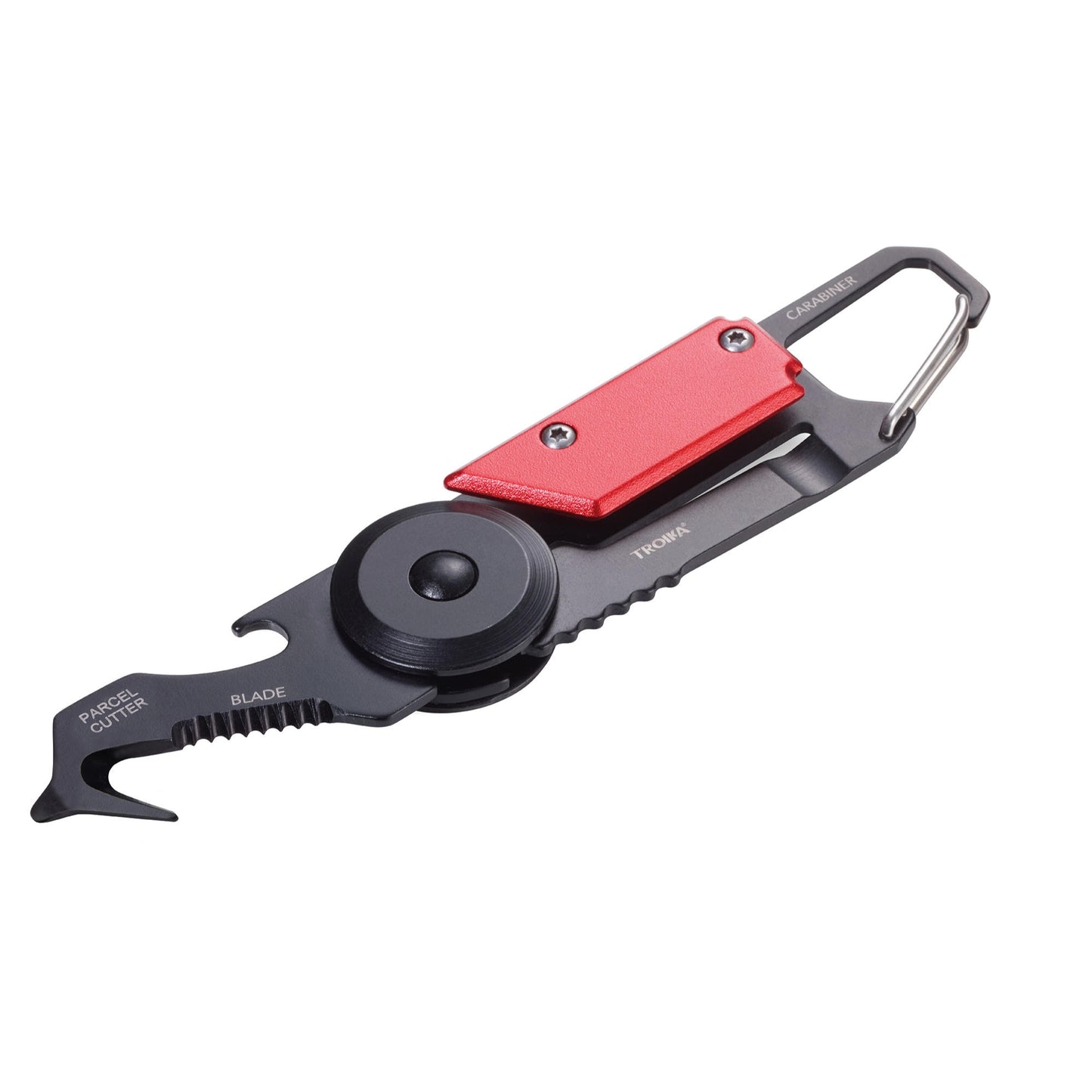 Pocket multi-tool with red top, cutting blade, and opener tool tips