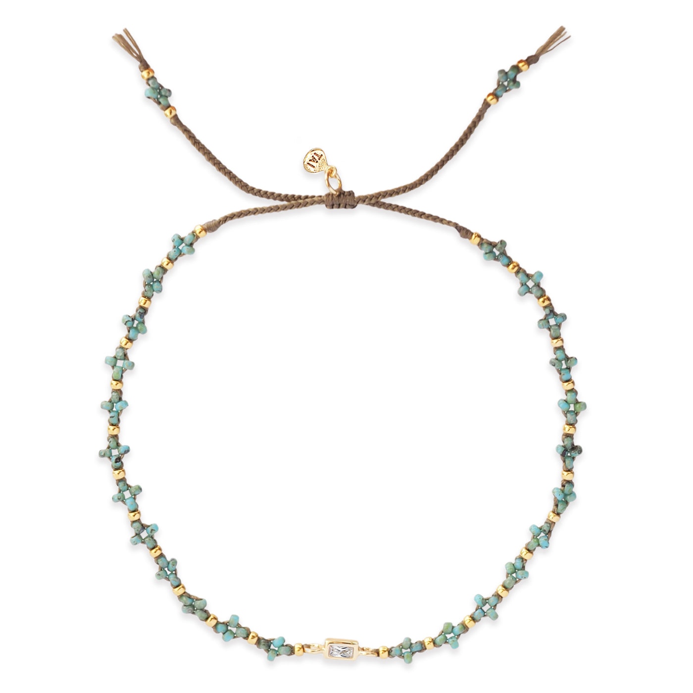 Turquoise beaded knotted bracelet with gold clear baguette CZ charm and small bead accents