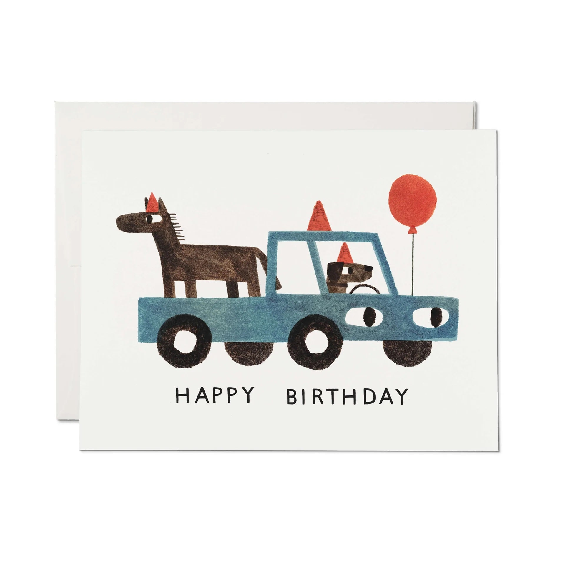 Farm birthday card: blue tractor, animal figures, and “HAPPY BIRTHDAY” text