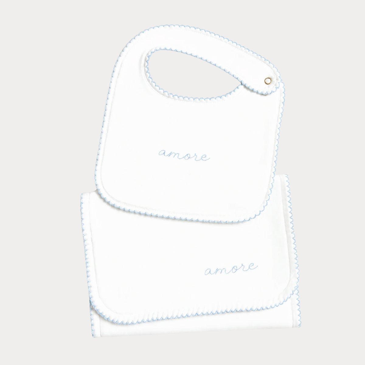 Bib & Burp Cloth Set - Embroidered Blue "Amore"