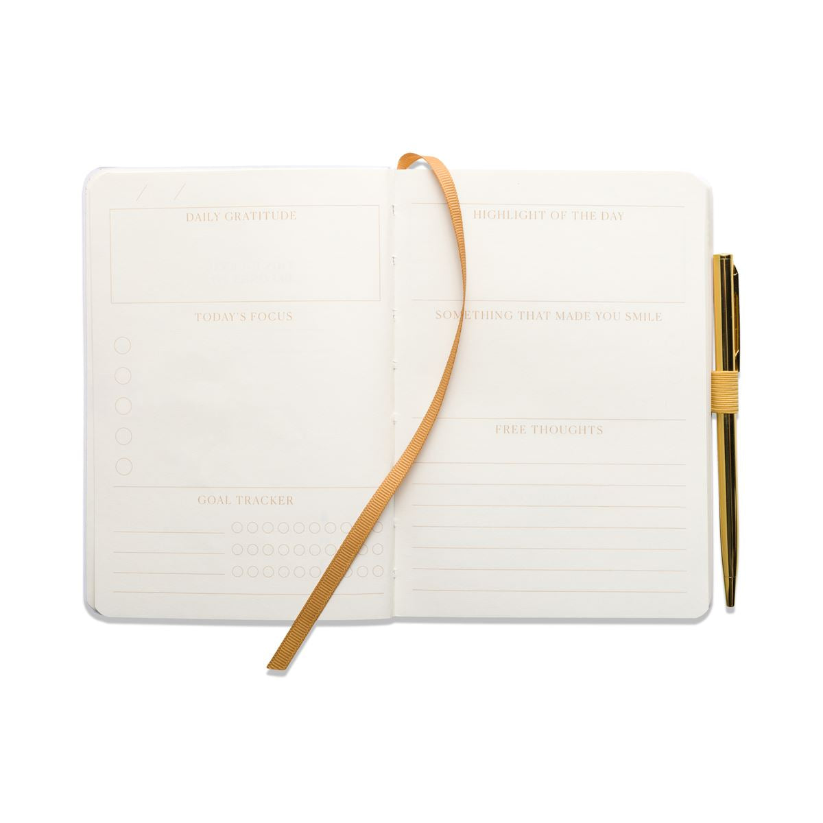 Open cream gratitude journal with daily prompts and attached gold pen