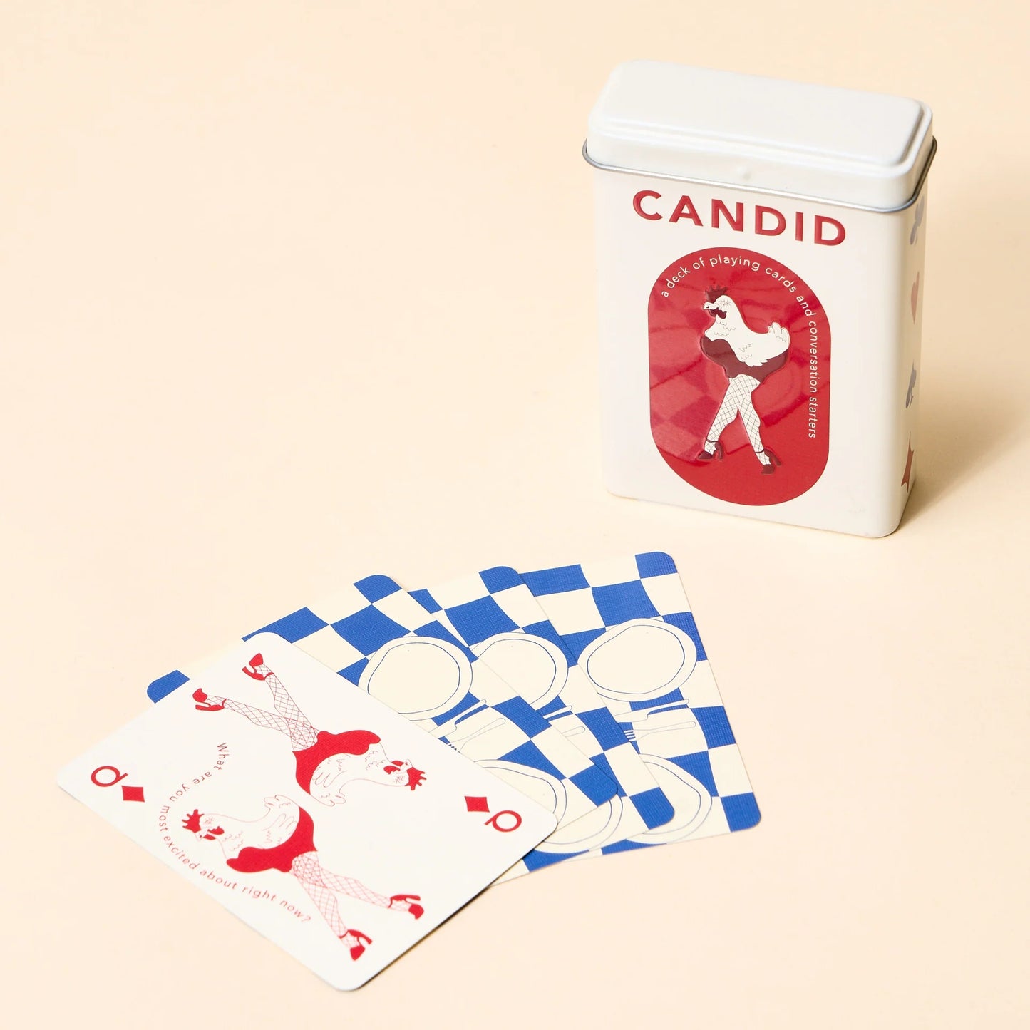 CANDID playing card deck tin with blue checkered card backs and red face cards