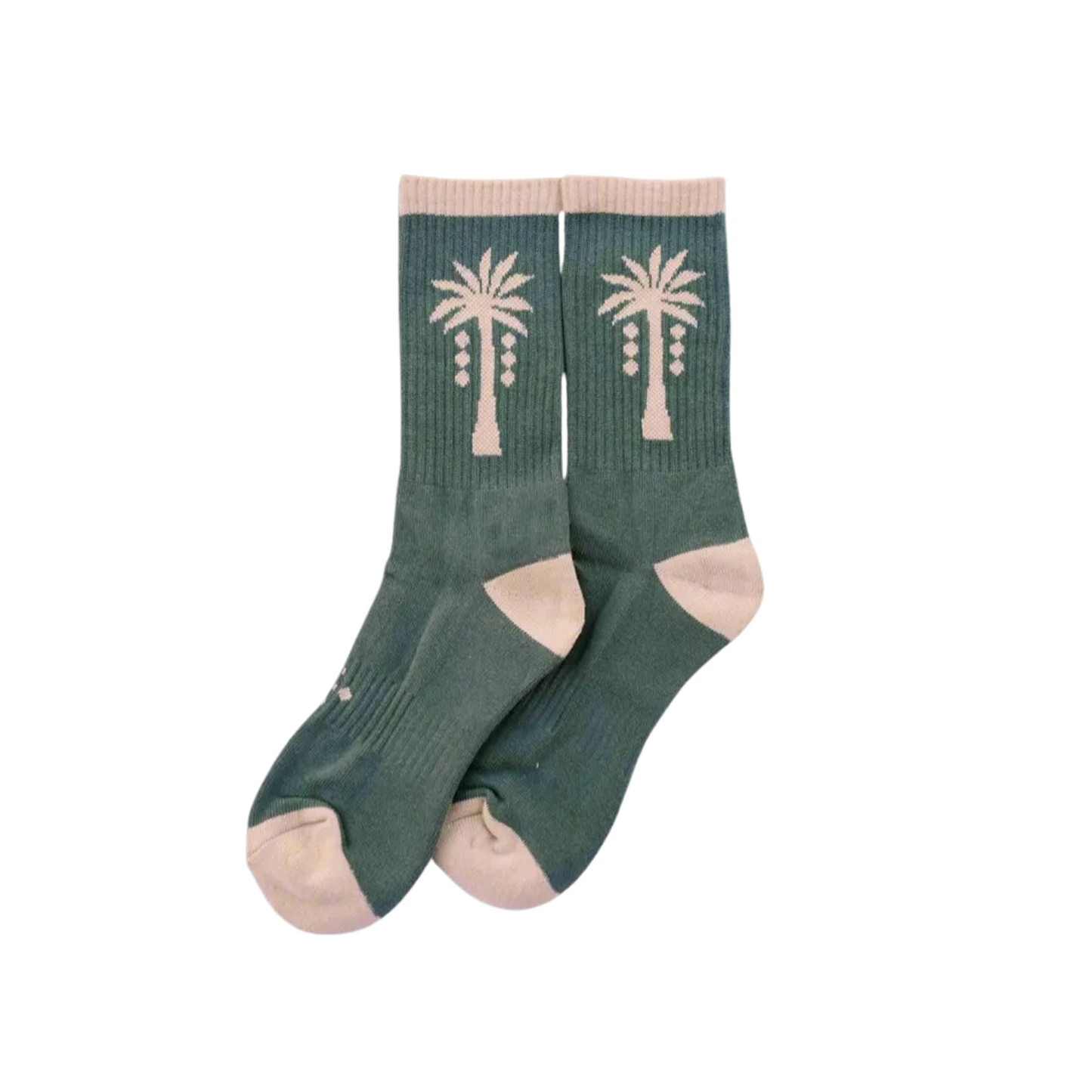 Palm crew socks in dark green with pink palm tree pattern and light pink toes