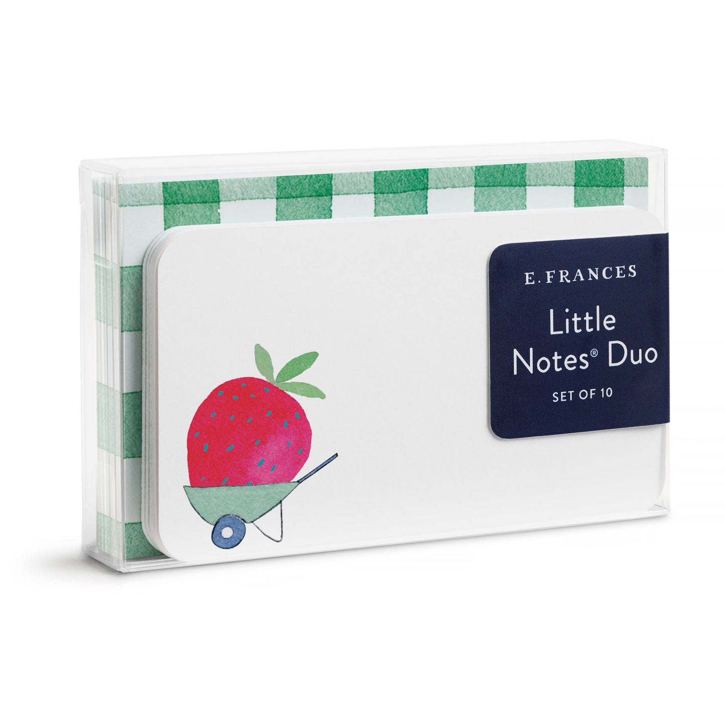 Little Notes duo set with strawberry graphic on white cards, wrapped in green gingham