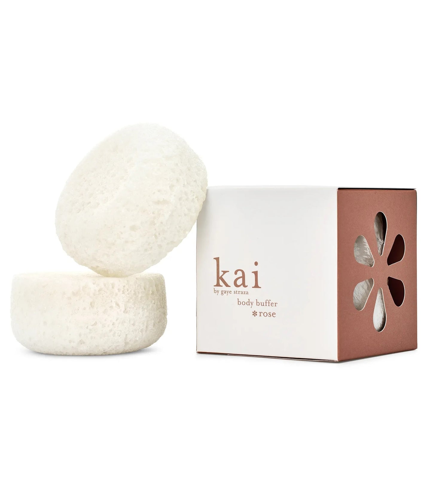 Cream body buffer sponge rounds with rose-scented box