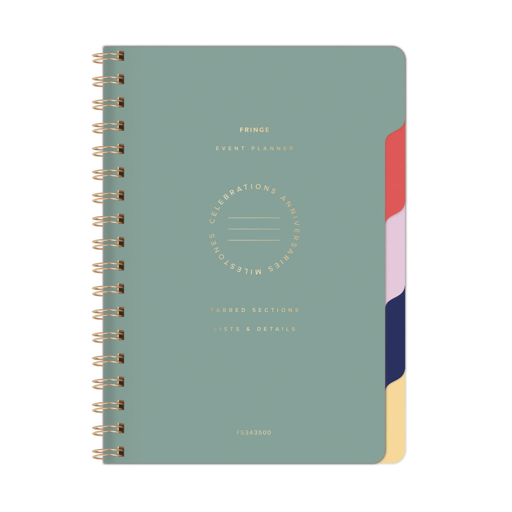 Sage green spiral-bound color-block event planner notebook with gold ring binding