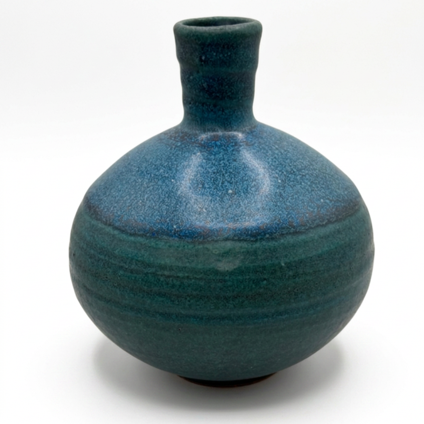 Glazed ceramic weed pot vase, rounded bulb with wide shoulder and short neck, blue-green