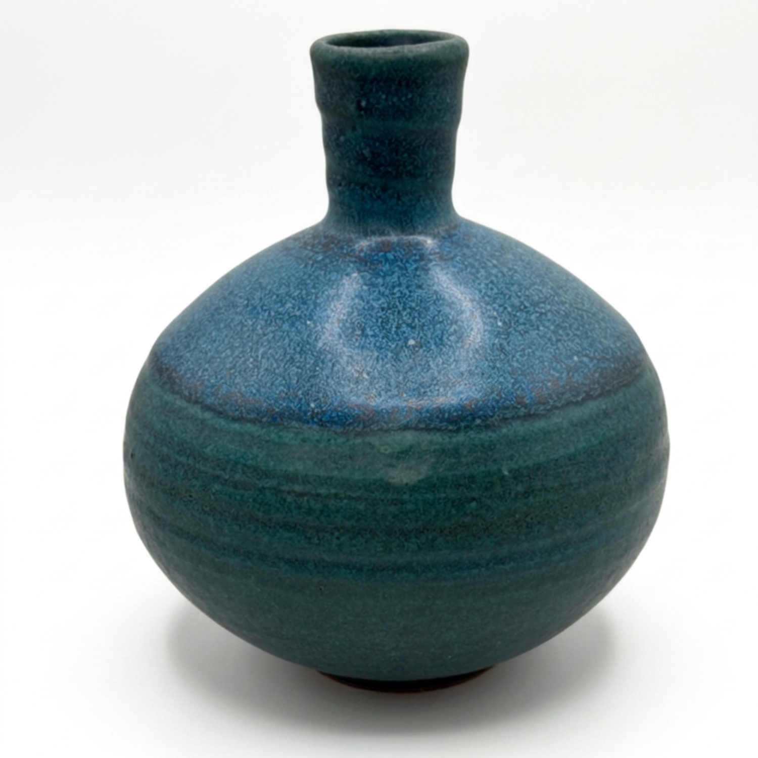 Glazed ceramic weed pot vase, rounded bulb with wide shoulder and short neck, blue-green