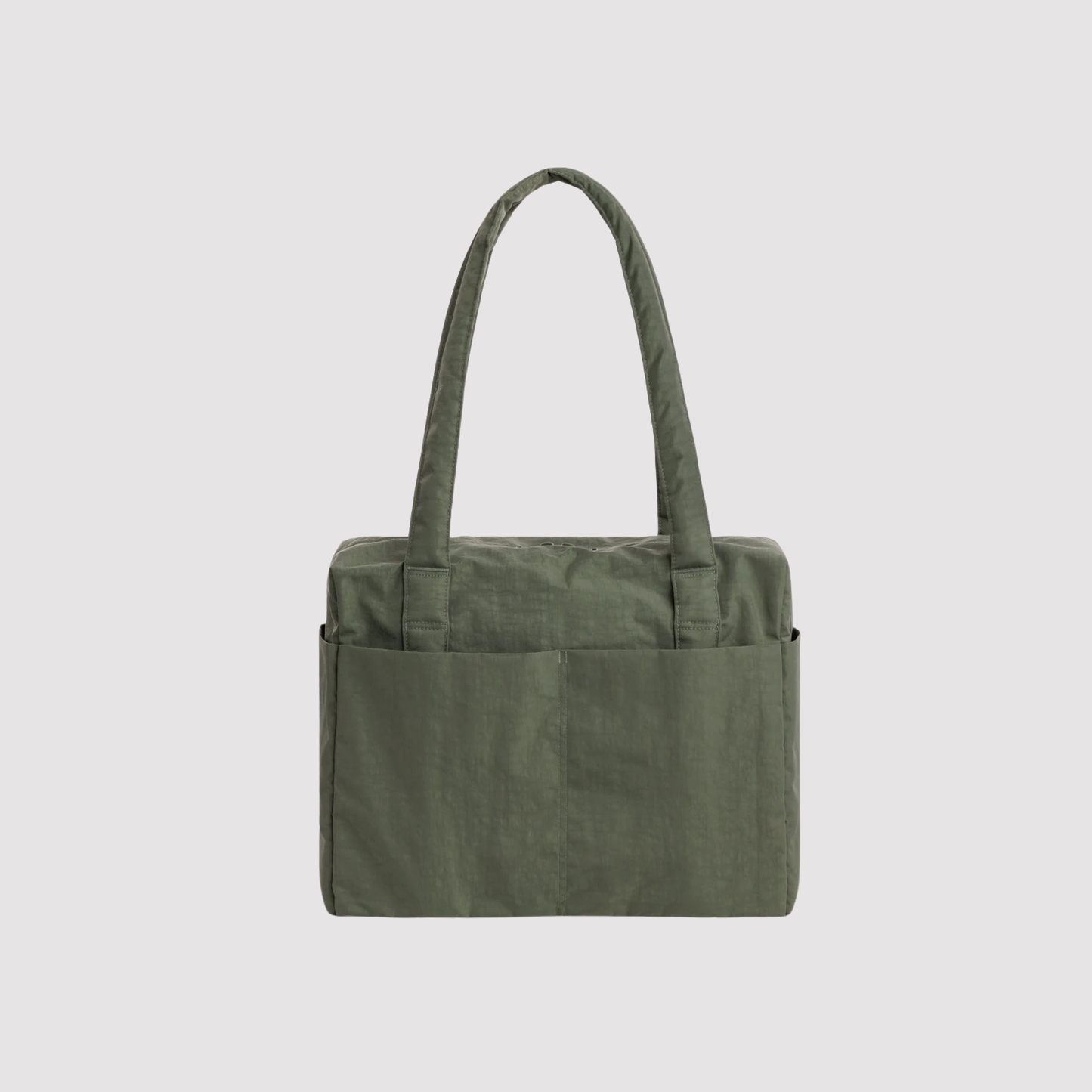 Olive green foldable travel tote bag with wide top handles and front pocket.